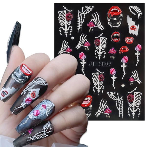 3D-präglade skrämmande Halloween Nail Art Stickers Dekaler 3 ark 5D