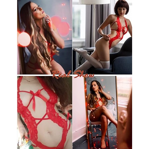 1 stycke (röd) Damunderkläder i ett stycke Deep V Teddy Sexig Bodysuit