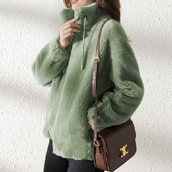 Dam fleece fluffig Teddy Bear Coat Plain Pocket Jacka Ytterkläder Grön M