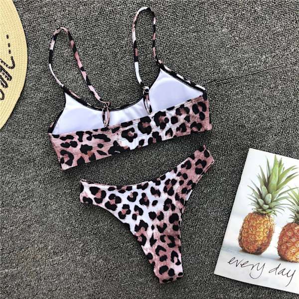 Dam Leopard Bikini Set Strappy Bandeau Baddräkt Badkläder Pink M