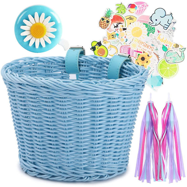 Barn Cykelkorg Fram Vävd Wicker Cykelkorg Med Styre Streamers Blue