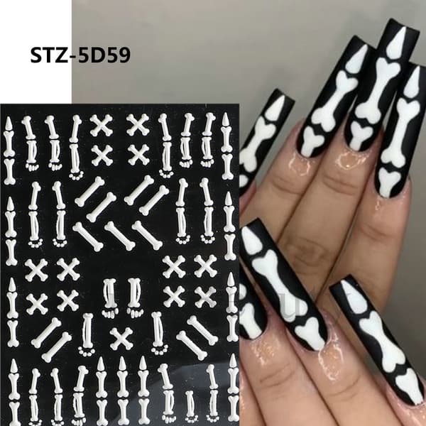 5 Nail Art Stickers Halloween Skull Spider Bones Pumpaprägling