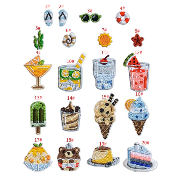 20 broderede badges i Summer Afternoon Tea-mønstre til syning