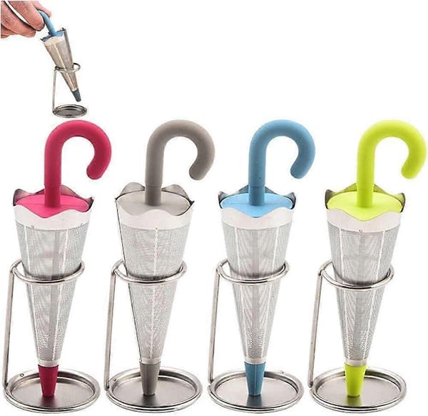 Teinfuser 4 stk. Paraplyformet Tesil i Rustfritt Stål med Finmasket Nett og Silikonlokk for Løs Te