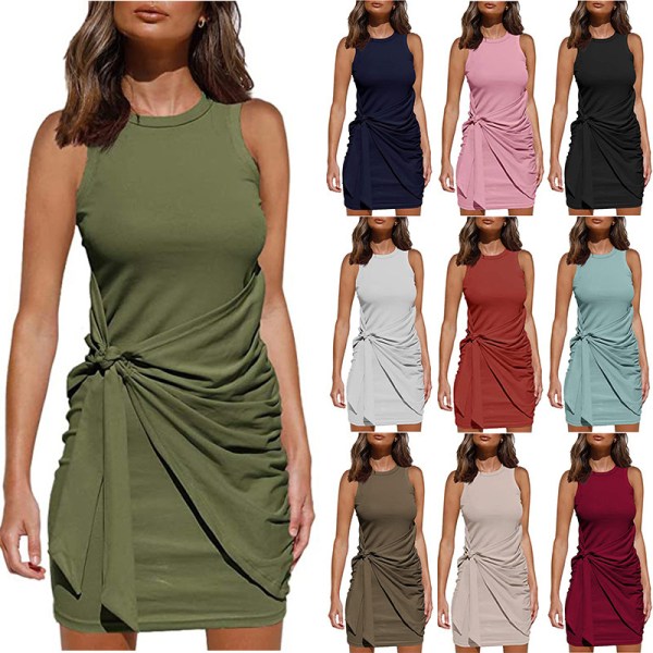 2023 Damer sommar Casual ärmlös strandtankklänning Bodycon Ruched miniklänningar Army green 2XL