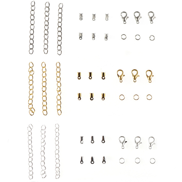 3 lådor, blandat karbinlås + litet klämma + enkelt spänne + förlängningskedja DIY smycketillbehör - silver