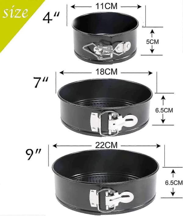 3 stk. kakeform (4\"/7\"/9\"), 3-lags rund, karbonstål svart, springform kakeform (11cm+18cm+22cm)