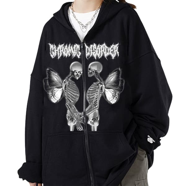 Dame Skelet Zip Up Hættetrøjer Rhinestone Oversized Sweatshirt 2XL