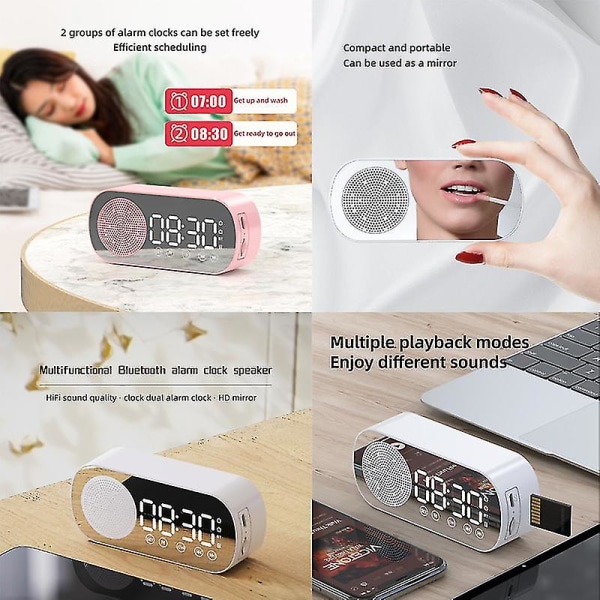 Multifunktionell Smart FM-radio Bluetooth högtalare Väckarklocka Spegelklocka (rosa)
