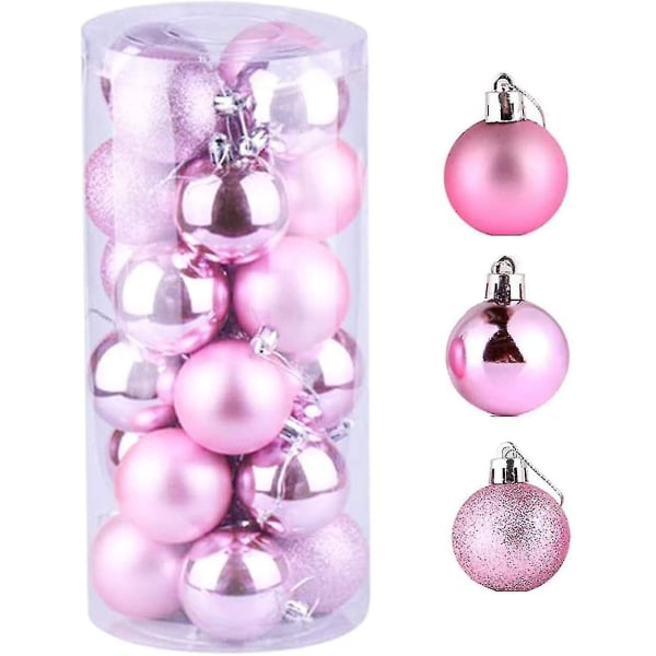 24 rosa juletrekuler, matte- og glitterdekorasjoner