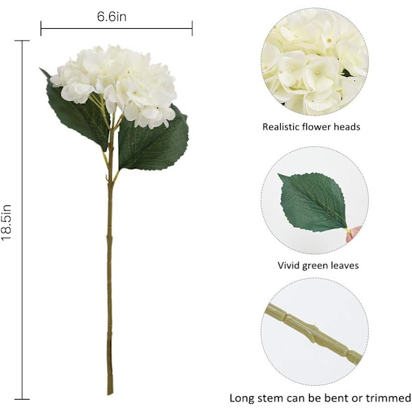 Konstgjord hortensiablomma, 5 st enkel lång sidenstam 6,3 tums hortensiabuketter för bröllop, hem, hotell, blomsterarrangemang (vit)
