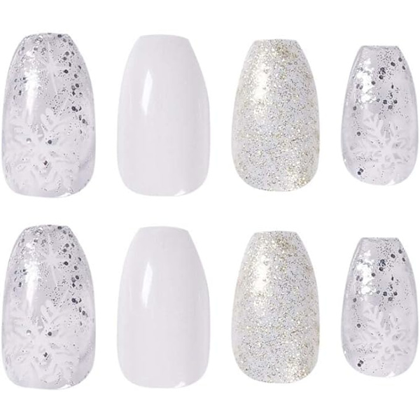 Vit is och snöglitterpulver korta lösnaglar (24 stycken),