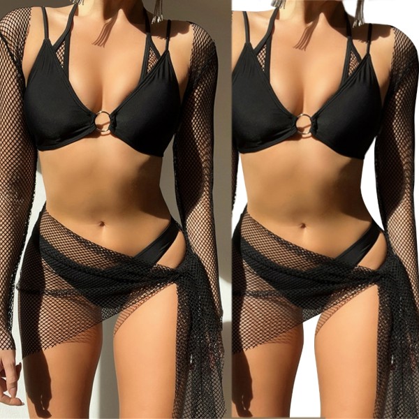 4 kpl/setti Naisten uimapuku Olkaimeton rintaliivit stringit Pliseerattu hame Ontto Uimapuvut Halter stringit Uima-asut Black S