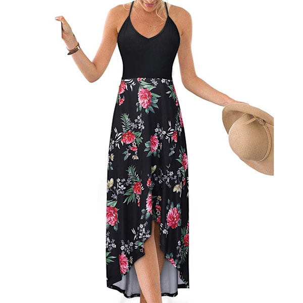 Klänning med rem i print Lång klänning Strandsolklänning Black Red Flower XL