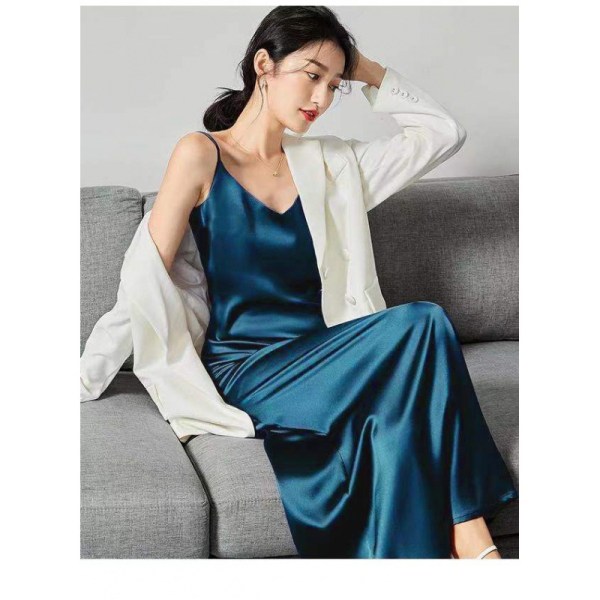 Slip dress -mekko ranskalaisella satiinilla V-kaula-aukko yksivärinen muoti löysä Blue 2XL