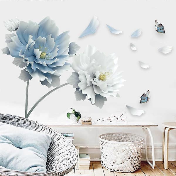 Store hvite blå blomster lotus sommerfugl flyttbare veggklistremerker 3d