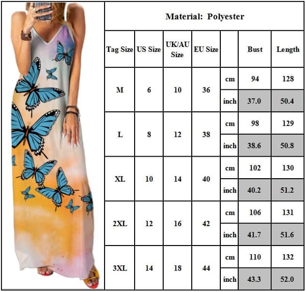 Damekjole 3D Sommerfugle Print Elegant lang kjole til fest C XL
