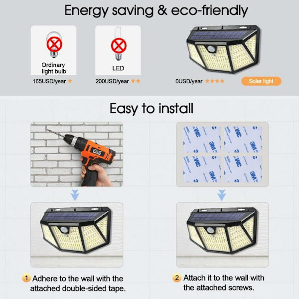 2-pack Solar LED utomhusbelysning med ljusreflektor, IP65 vatten