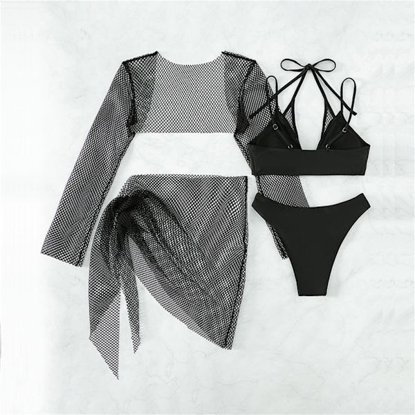 4 stk/sæt Badedragt til kvinder Linned BH tring Plisseret nederdel Udhulet Badedragter Halter tring Badetøj Black S