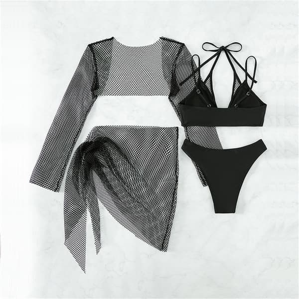 4 stk/sett Badedrakt for kvinner Linnen BH String Plissert skjørt Uthult Badedrakter Halter String Badeklær Black M