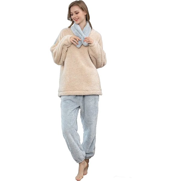 Pyjamas för kvinnor Set med 2 Pyjamas Långa toppar Byxor Fleece Casual Set Bekväm varm Coral Fleece Pyjamas Fleece Vinter Pyjamas, M, Vit Blå