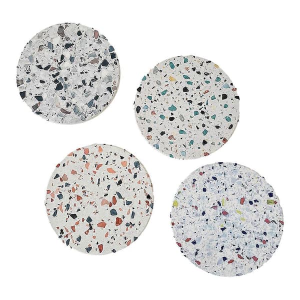 Terrazzo-marmoriset imukykyiset lasinaluset telineellä, 4 kpl:n setti, juomalasinaluset, sohvapöydän lasinaluset, lasinalussetti, marmorilasinaluset