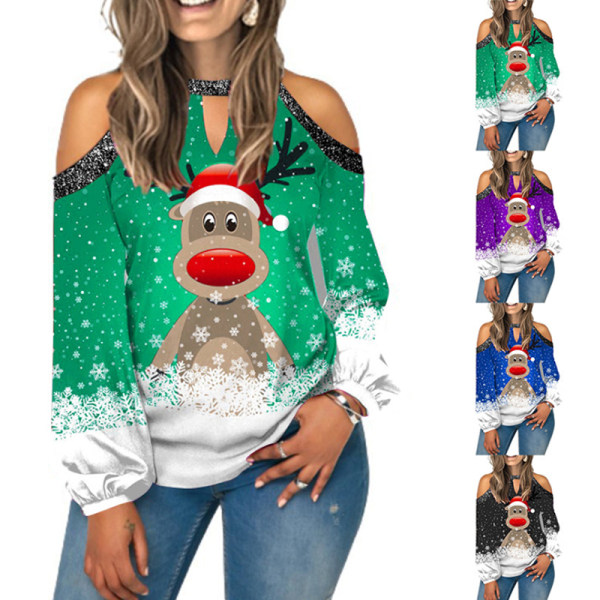 Ny langærmet V-hals bluse med print til kvinder Green 4XL
