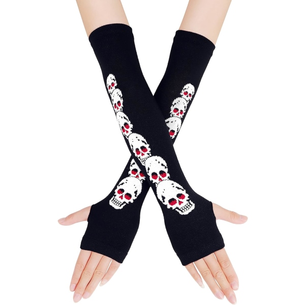 Stickade långa fingerlösa skeletthandskar. Unisex Halloween Punk Arm