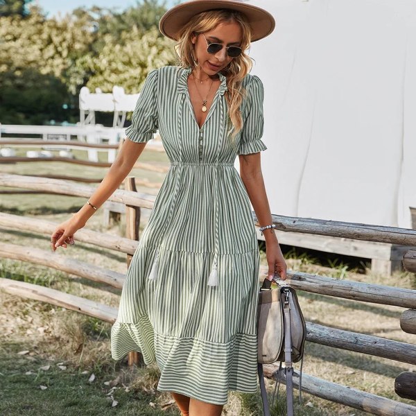 Randig, kortärmad, hög midja midiklänning för kvinnor med strängar Chic och elegant A-linjeklänning för damer sommarkläder för kvinnor greenstriped S