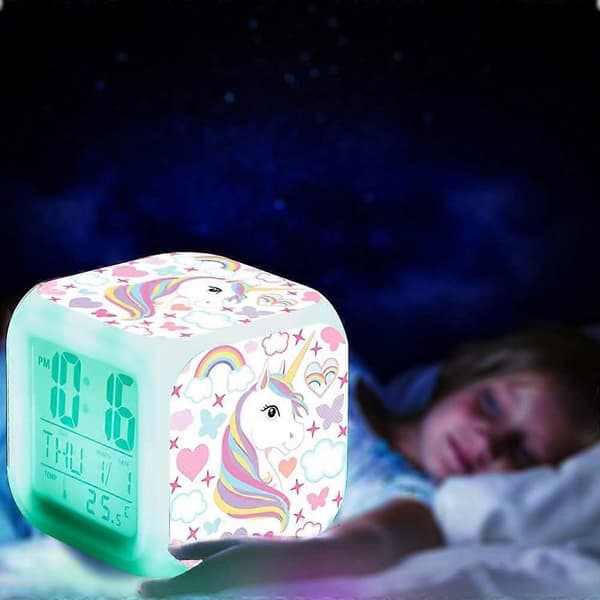 Enhörningsdigitala väckarklockor för flickor, glödande natt LED LCD-kub