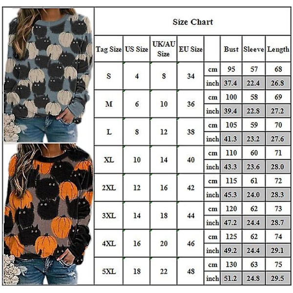 Halloween Pumpkin Cat Print Långärmad tröja Pullover 3XL Blue