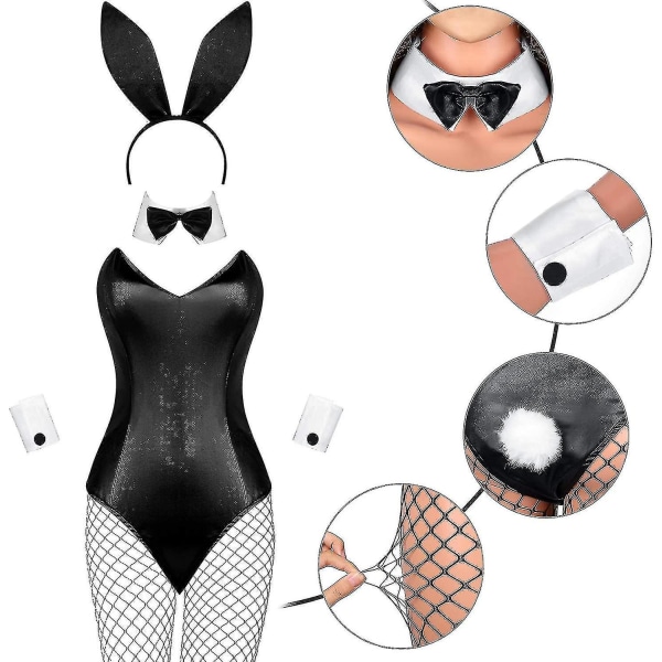Kaninkostym Damunderkläder och svansar Bodysuit Rollspel Set för Halloween Juldräkt White and Black XL