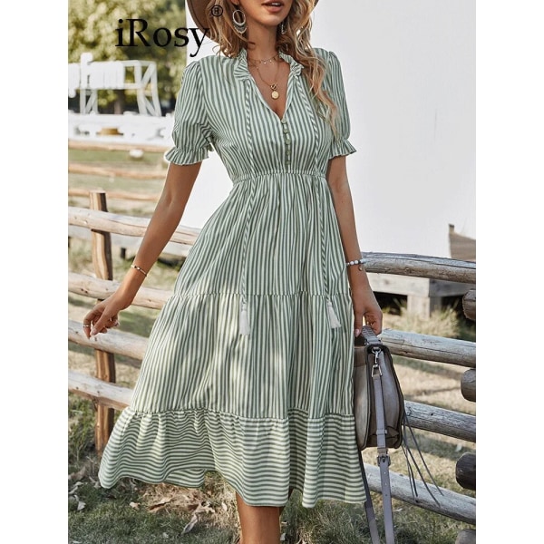 Randig, kortärmad, hög midja midiklänning för kvinnor med strängar Chic och elegant A-linjeklänning för damer sommarkläder för kvinnor greenstriped S