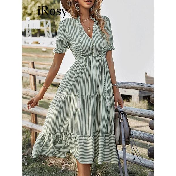 Randig, kortärmad, hög midja midiklänning för kvinnor med strängar Chic och elegant A-linjeklänning för damer sommarkläder för kvinnor greenstriped XL