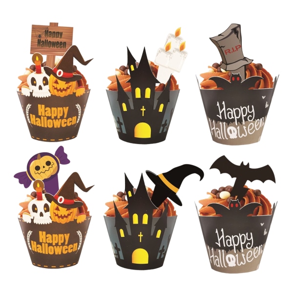 24st Halloween Cupcake Insert Set Inte lätt att deformeras och bryta Lämplig för Halloween temafest 24 sides 24 cards