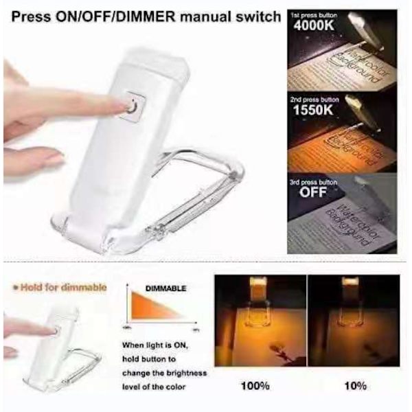 Valkoinen Mini LED Clip Book Light USB Ladattava kirjan lukuvalo