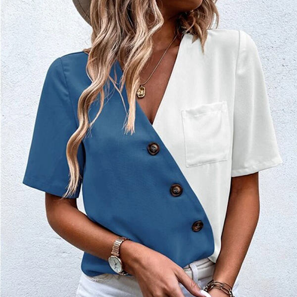 Kvinner Button Down Chiffon Skjorter Lommer Sommer Topper Blue L