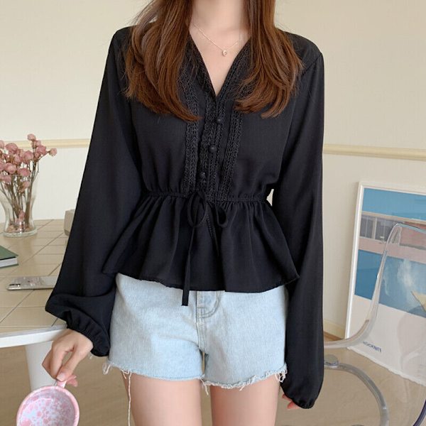 V-hals Hvit bluse Dame Sashes Dameklær 2021 Høst Blonde Black M