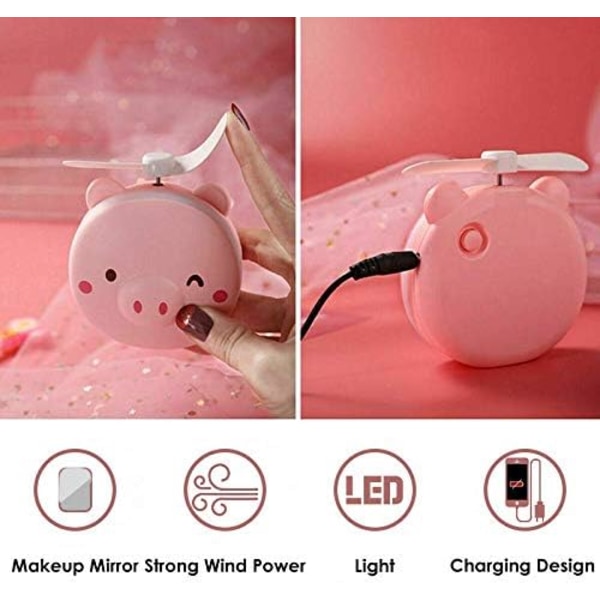 2 i 1 Sød Piggy Mini Kosmetisk Vifte LED Spejl Lys Gris Tegneserie