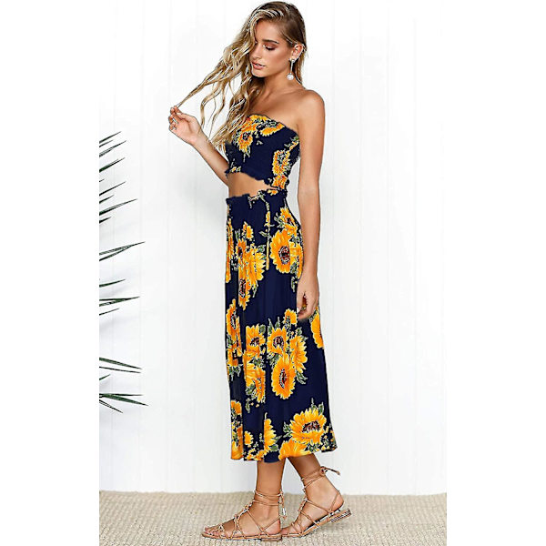 Blommig blus för kvinnor, Maxikjol kostymklänning Navy Blue Large