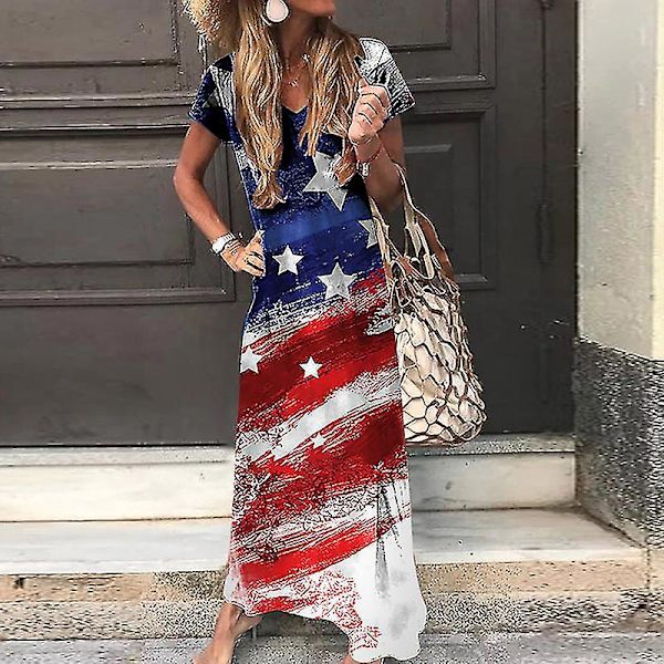 Kvinder Kortærmet Ol Kjole Casual Sommer Lang Kjole Us Flag Maxikjoler Red Blue S