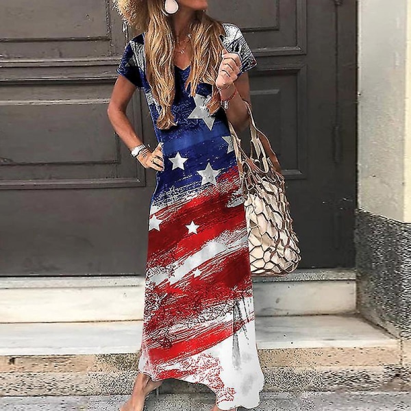 Kvinner Kortarmet oljekjole Casual Sommer Lang Kjole Us Flag Maxikjoler Red Blue S