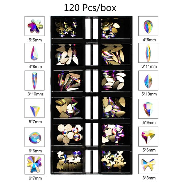 120 st 3D Nail Art Rhinestones Multi-Shape Glas Glänsande Flatback Stones Dekor B