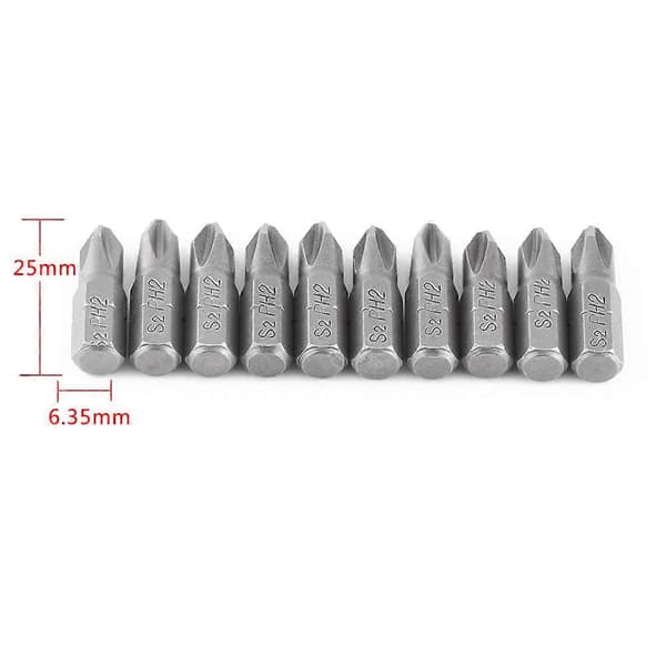 10 stk. 25 mm længde 1/4 tomme sekskantet skaft S2 magnetiske PH2 krydshoved skruetrækkerbits