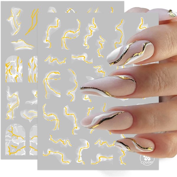 9 ark Fransk spets Marmor Nail Art Stickers Dekaler Självhäftande Vitguld Design Manikyr tips Nageldekoration för kvinnor tjejer