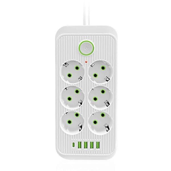 EU-strømskinne Multiprise 6 AC-udtag Elektrisk stikdåse med 4 USB 1 Type-C netværksfilter Hurtig opladning EU-stik Hvid
