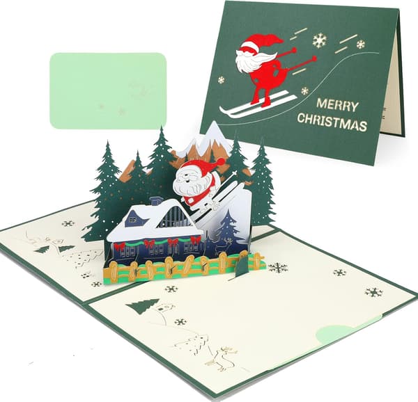 3D Pop Up Card Julkort, vackert jultomte gratulationskort med kuvert（ski）