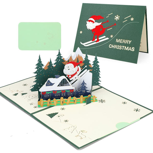 3D Pop Up -joulukortti, kaunis joulupukki-onnittelukortti kirjekuorella (hiihto)