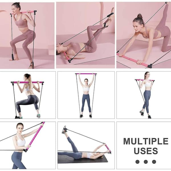 Pilates Bar Kit med modstandsbånd, bærbart modstandsbånd og pilatestræningsstav rose Red
