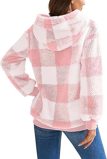 Hoodie i överdimensionerad lammull med fickor, fleecetröja Tie-dye Puffy Coat (rosa och vit rutor) S